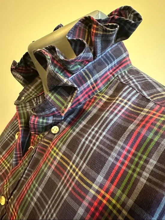 Saddlebred Recycled Navy Plaid Button-Down Ruffled Collar Shirt - Picture 2 of 6